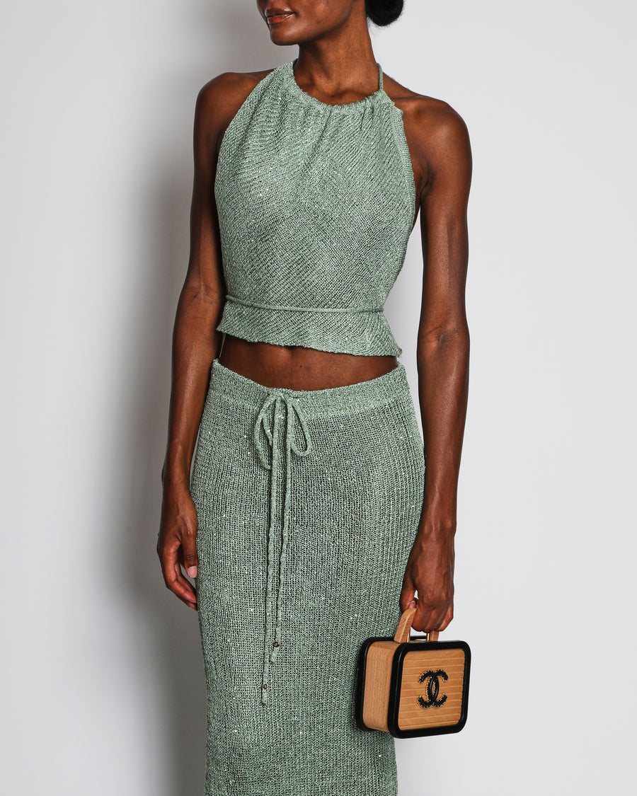 Bananahot Green Knit Crop Top and Maxi Skirt Set with Sequin Embellishments Size XS-S (UK 6-8)