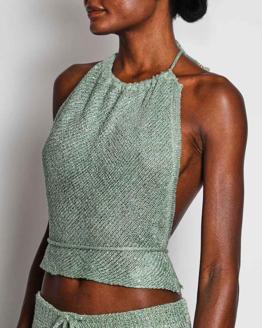 Bananahot Green Knit Crop Top and Maxi Skirt Set with Sequin Embellishments Size XS-S (UK 6-8)