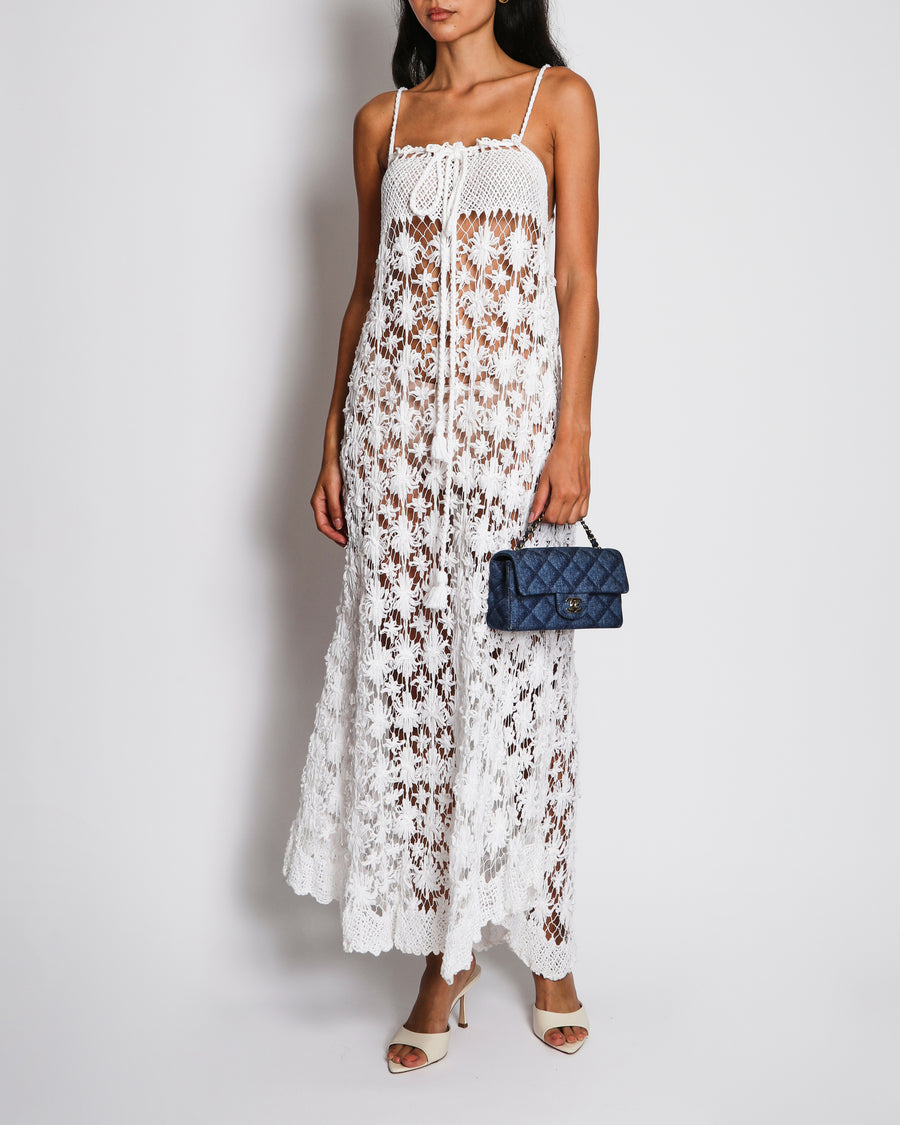 Miguelina White Flower Crochet Beach Cover-Up Maxi Dress with Tassel Detail Size XS (UK 6)
