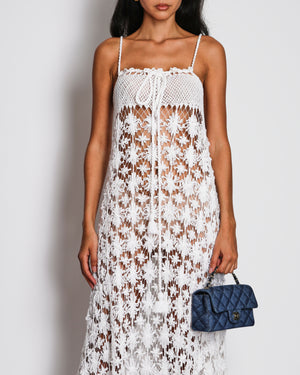 Miguelina White Flower Crochet Beach Cover-Up Maxi Dress with Tassel Detail Size XS (UK 6)