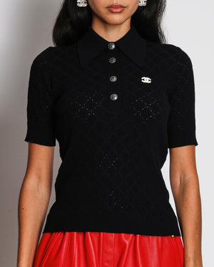 Chanel 20/P Navy Quilted Ribbed CC Logo Polo Top Size FR 36 (UK 8)