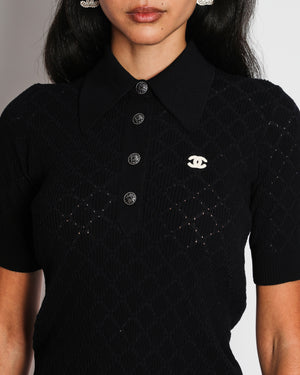 Chanel 20/P Navy Quilted Ribbed CC Logo Polo Top Size FR 36 (UK 8)
