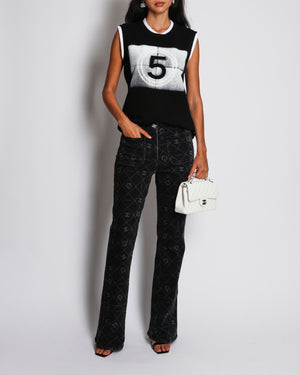 Chanel Metiers d'Art 2023 Grey Wide-Leg Jeans with CC Logo and Camellia Flower Print with Silver CC Logo Button Detail Size FR 42 (UK 14)