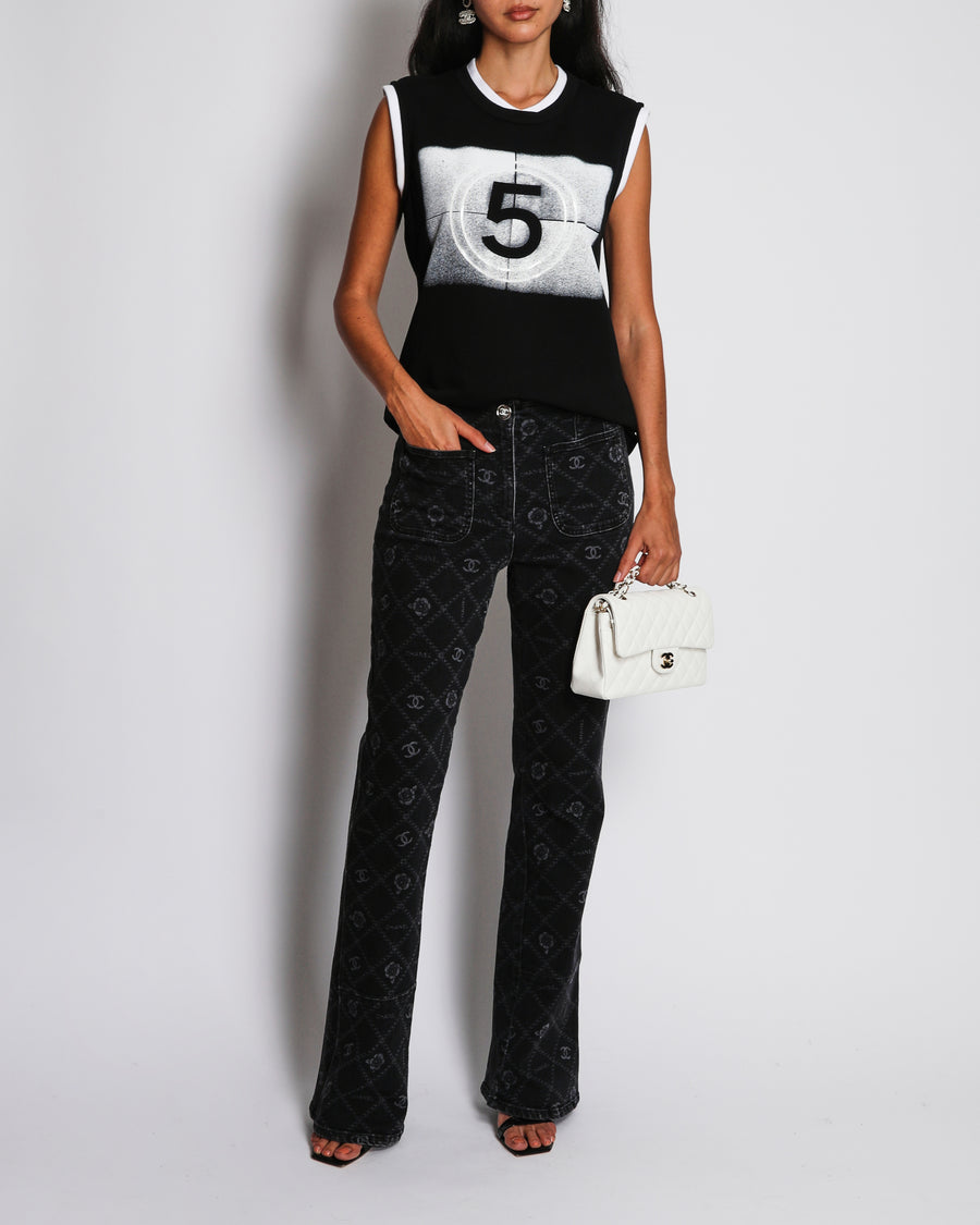 Chanel Metiers d'Art 2023 Grey Wide-Leg Jeans with CC Logo and Camellia Flower Print with Silver CC Logo Button Detail Size FR 42 (UK 14)