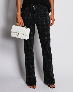 Chanel Metiers d'Art 2023 Grey Wide-Leg Jeans with CC Logo and Camellia Flower Print with Silver CC Logo Button Detail Size FR 42 (UK 14)