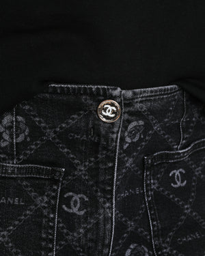 Chanel Metiers d'Art 2023 Grey Wide-Leg Jeans with CC Logo and Camellia Flower Print with Silver CC Logo Button Detail Size FR 42 (UK 14)