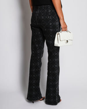 Chanel Metiers d'Art 2023 Grey Wide-Leg Jeans with CC Logo and Camellia Flower Print with Silver CC Logo Button Detail Size FR 42 (UK 14)