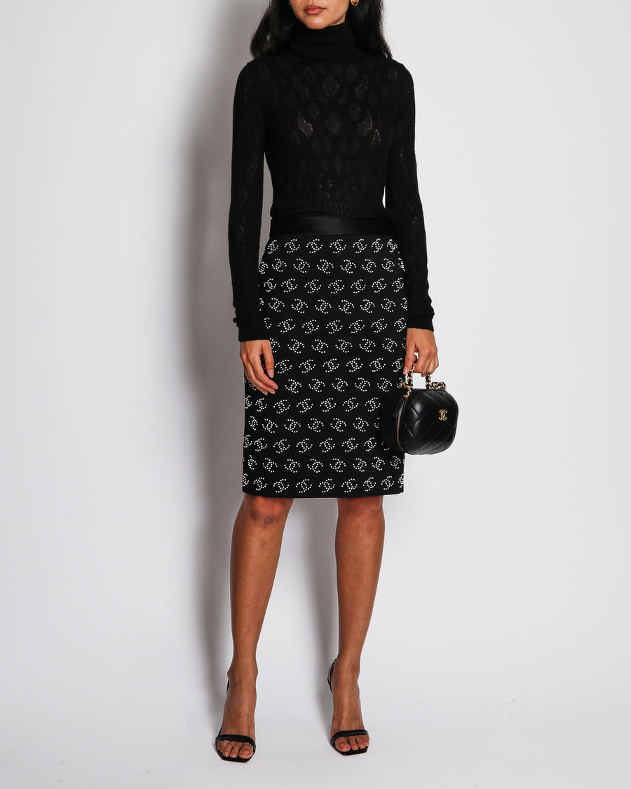 Chanel 23/C Black CC Beaded Midi Skirt with Satin Band Detail Size FR 38 (UK 10)