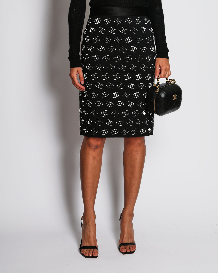 Chanel 23/C Black CC Beaded Midi Skirt with Satin Band Detail Size FR 38 (UK 10)