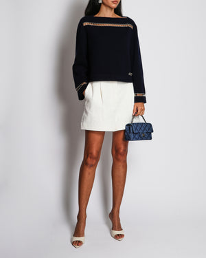 Chanel 20/C Navy Off-Shoulder Long Sleeve Jumper with Chain Panelling Detail Size FR 36 (UK 8)