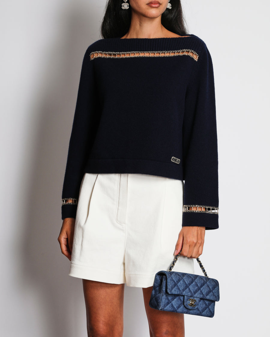 Chanel 20/C Navy Off-Shoulder Long Sleeve Jumper with Chain Panelling Detail Size FR 36 (UK 8)