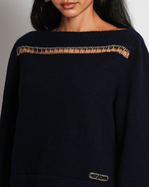 Chanel 20/C Navy Off-Shoulder Long Sleeve Jumper with Chain Panelling Detail Size FR 36 (UK 8)