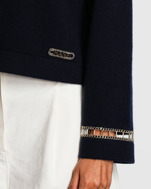 Chanel 20/C Navy Off-Shoulder Long Sleeve Jumper with Chain Panelling Detail Size FR 36 (UK 8)