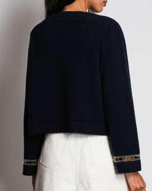 Chanel 20/C Navy Off-Shoulder Long Sleeve Jumper with Chain Panelling Detail Size FR 36 (UK 8)
