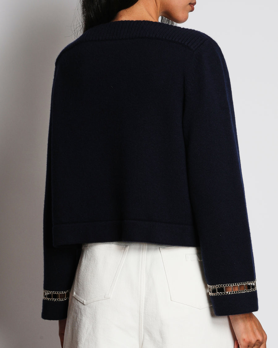 Chanel 20/C Navy Off-Shoulder Long Sleeve Jumper with Chain Panelling Detail Size FR 36 (UK 8)