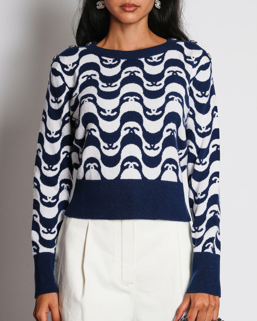 Chanel Navy White CC Logo Long Sleeve Jumper Size FR 38 (UK 10)