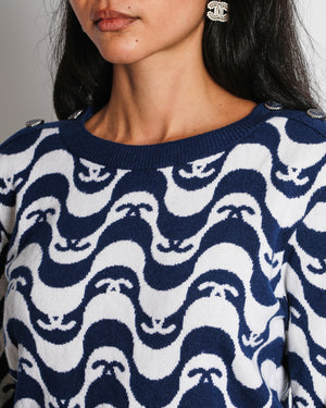 Chanel Navy White CC Logo Long Sleeve Jumper Size FR 38 (UK 10)