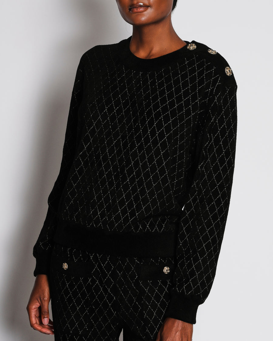 Chanel 20/C Black Quilted Long Sleeve Jumper with Embellished Button Detail Size FR 38 (UK 10)