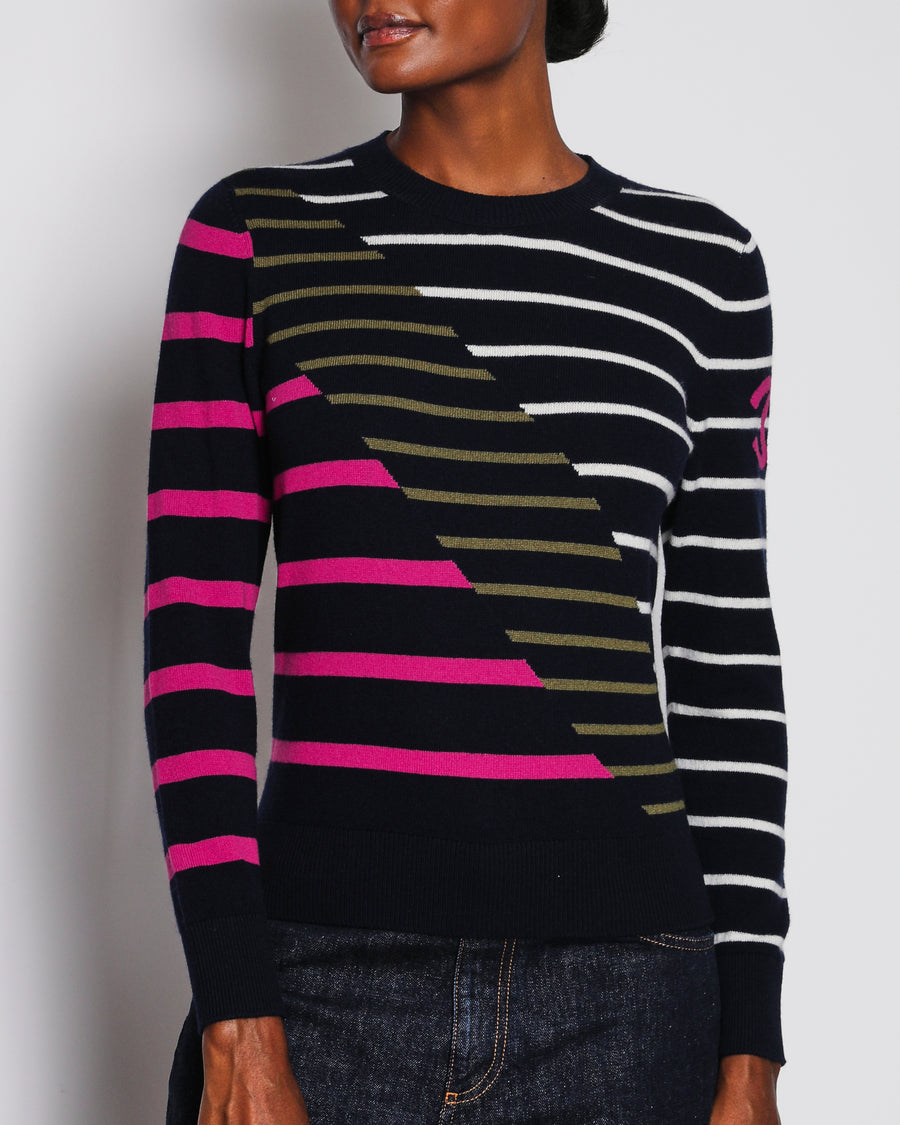 Chanel 20/C Navy Long Sleeve Striped Jumper with Fuchsia Logo Detail Size FR 36 (UK 8)