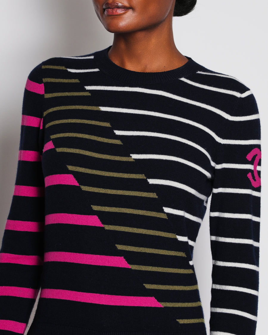 Chanel 20/C Navy Long Sleeve Striped Jumper with Fuchsia Logo Detail Size FR 36 (UK 8)