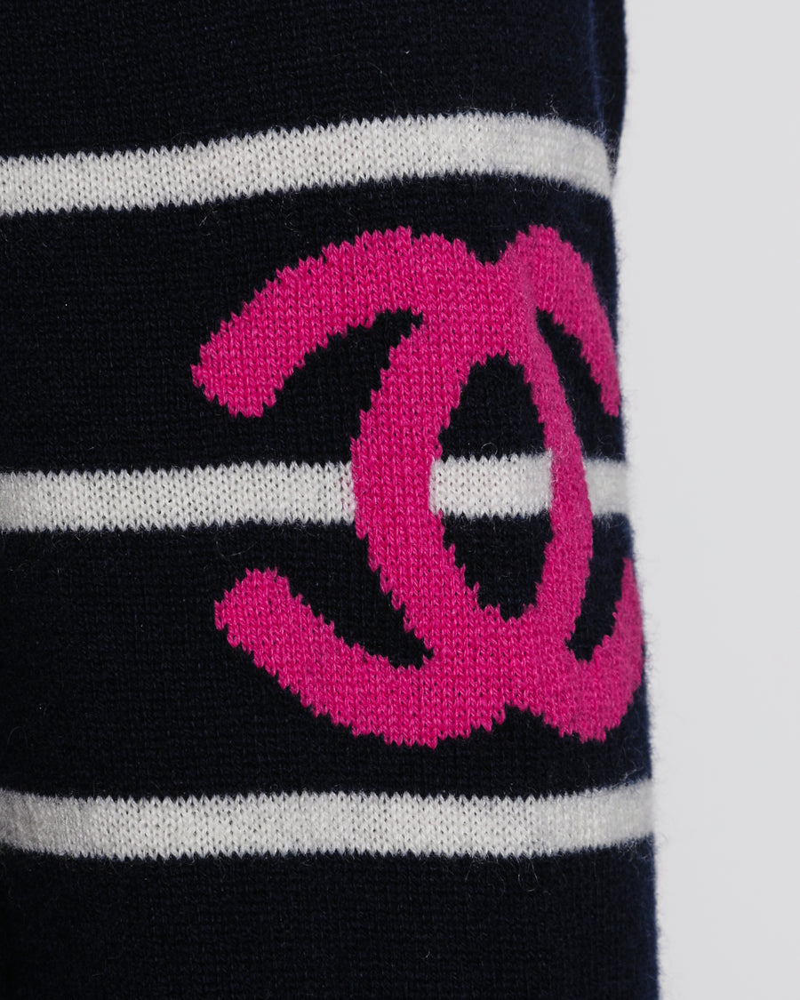 Chanel 20/C Navy Long Sleeve Striped Jumper with Fuchsia Logo Detail Size FR 36 (UK 8)