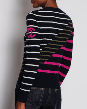 Chanel 20/C Navy Long Sleeve Striped Jumper with Fuchsia Logo Detail Size FR 36 (UK 8)