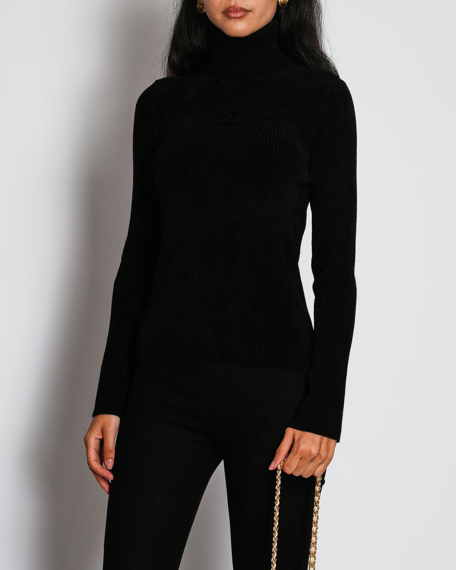 Chanel 19/A Black Ribbed High Neck Long Sleeve Jumper with CC Logo Detail Size FR 38 (UK 10)