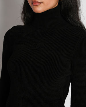 Chanel 19/A Black Ribbed High Neck Long Sleeve Jumper with CC Logo Detail Size FR 38 (UK 10)
