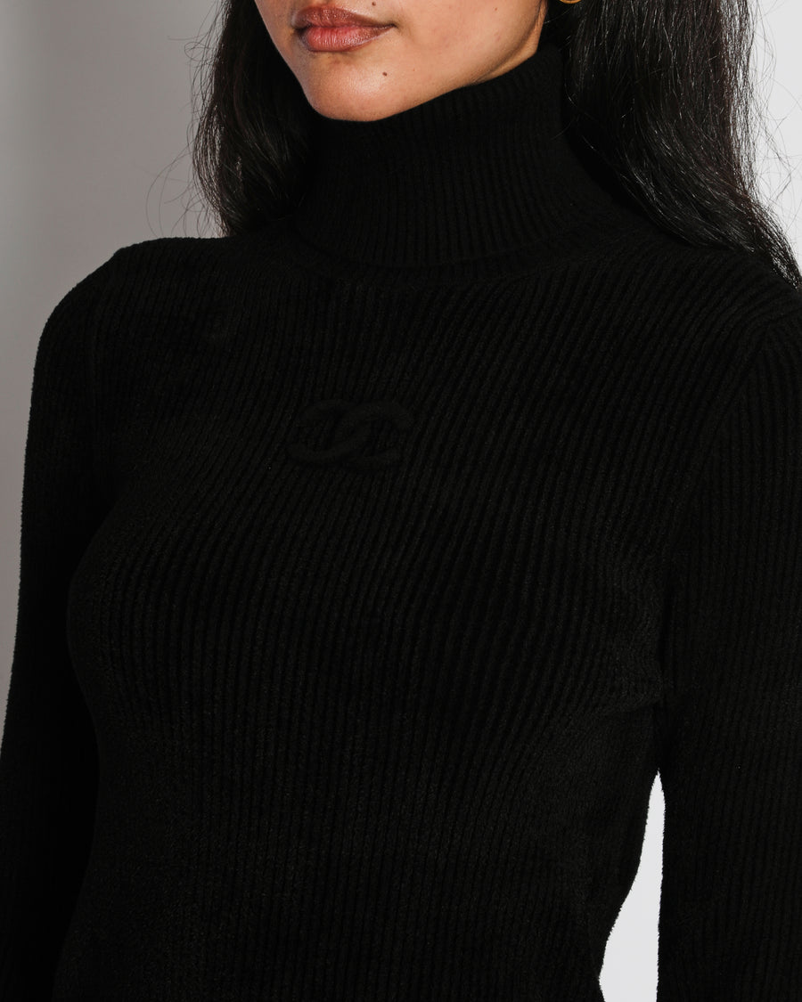 Chanel 19/A Black Ribbed High Neck Long Sleeve Jumper with CC Logo Detail Size FR 38 (UK 10)