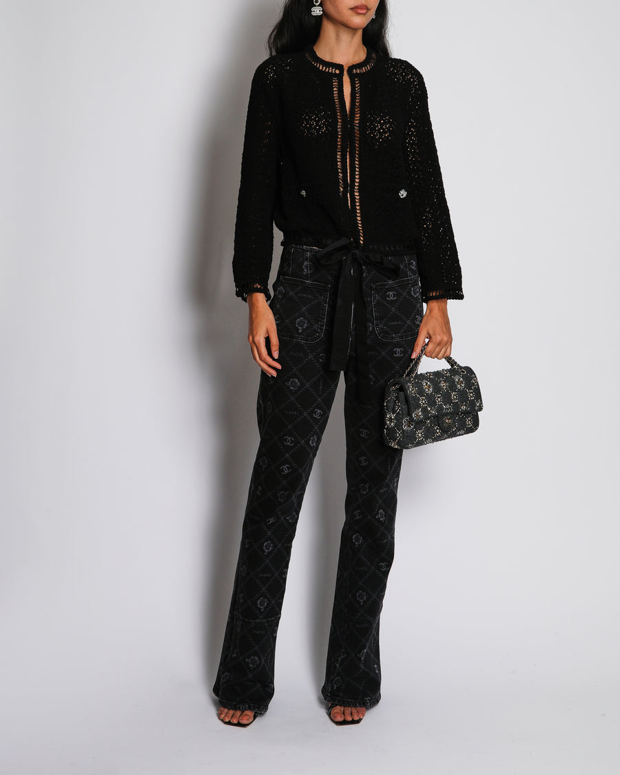Chanel 20/P Black Crochet Round Neck Cardigan with Tie Detail Size FR 36 (UK 8)
