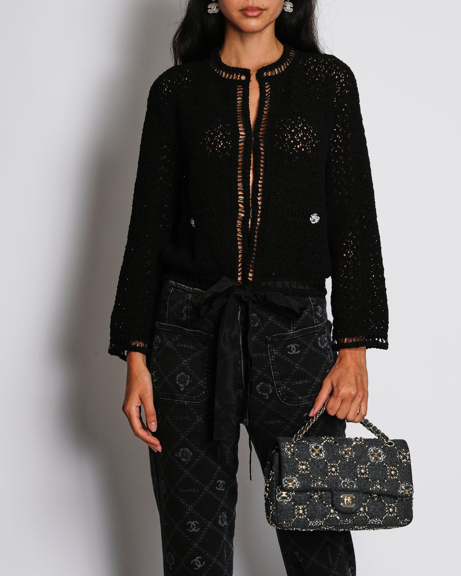 Chanel 20/P Black Crochet Round Neck Cardigan with Tie Detail Size FR 36 (UK 8)