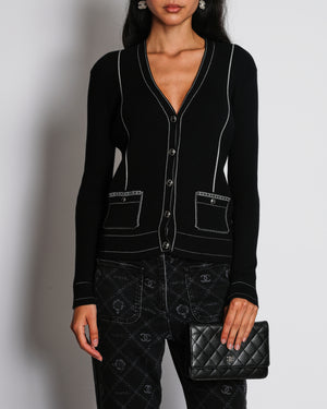 Chanel 20/K Black V-Neck Cardigan with White Contrast Trim Size FR 38 (UK 10)