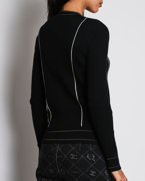 Chanel 20/K Black V-Neck Cardigan with White Contrast Trim Size FR 38 (UK 10)