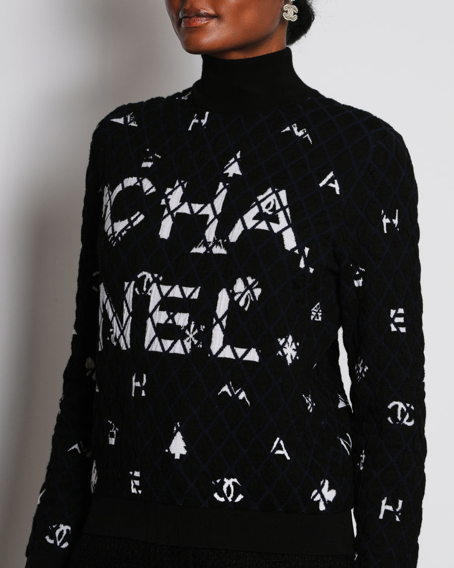 Chanel 19/B Black High-Neck Quilted CC Long Sleeve Jumper Size FR 38 (UK 10)
