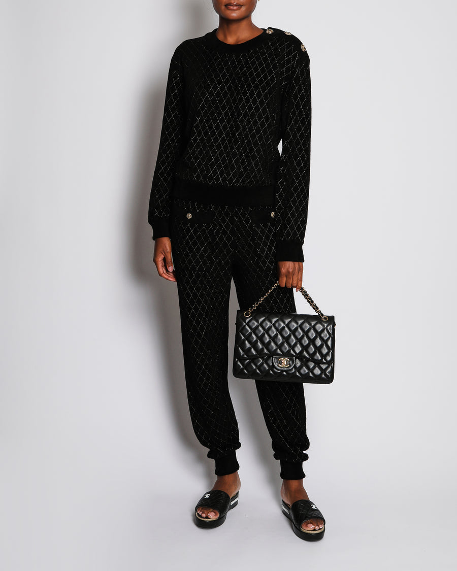 Chanel 20/C Black Quilted Knitted Trousers with CC Embellished Button Detail Size FR 40 (UK 12)