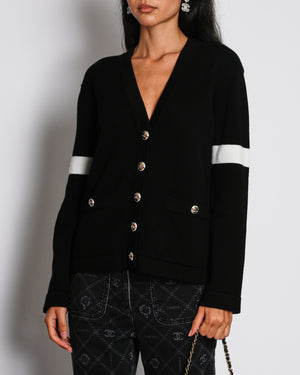 Chanel 20/K Black Button Down Cardigan with White Trim and CC Button Detail Detail Size FR 38 (UK 10)