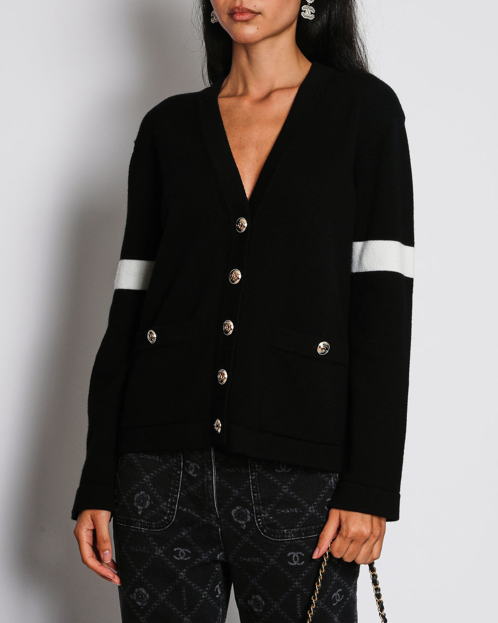 Chanel 20/K Black Button Down Cardigan with White Trim and CC