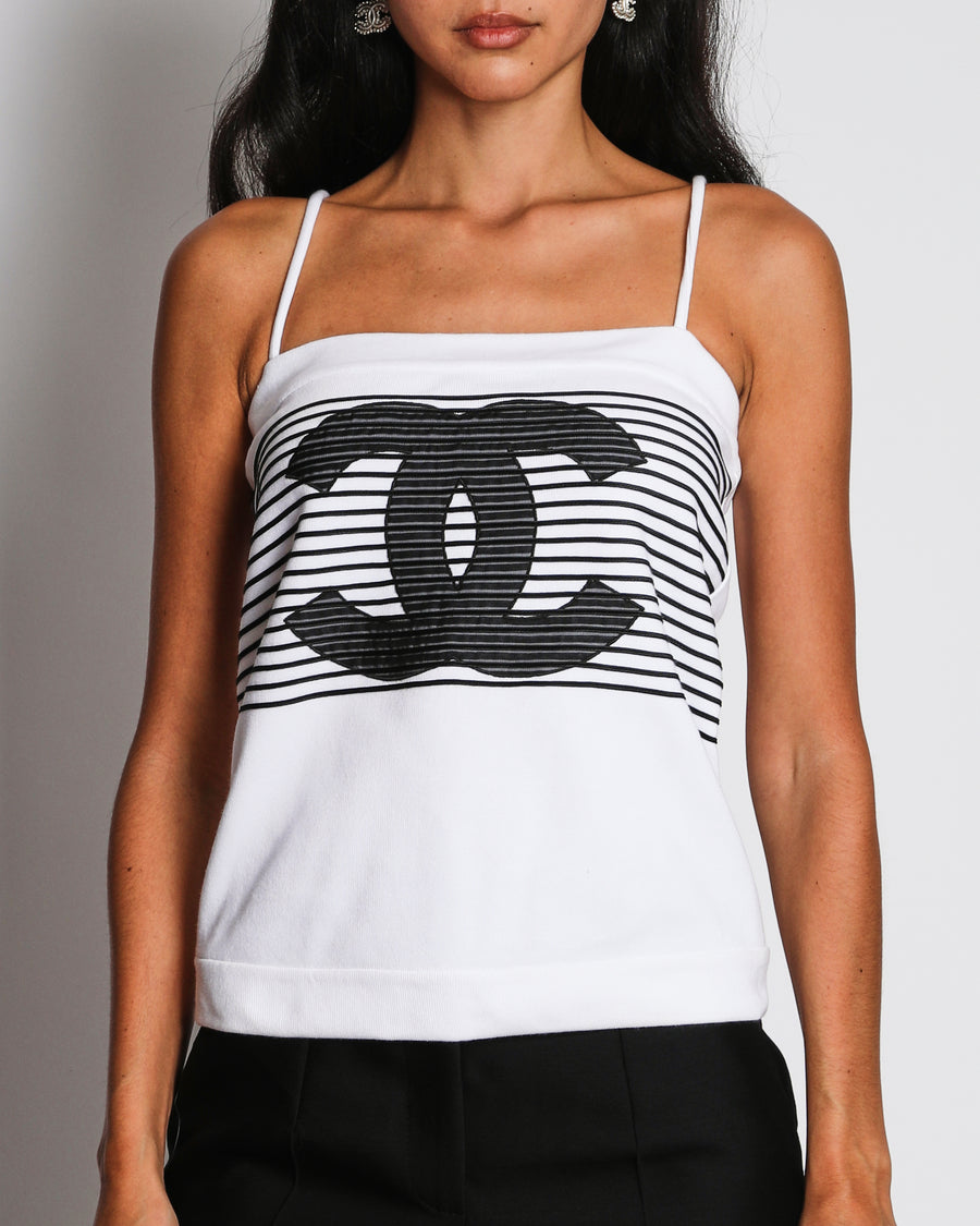 Chanel White 24/S Striped CC Logo Vest Top Size FR 38 (UK 10)