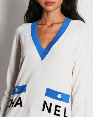 Chanel 19/S Ivory V-Neck CHANEL Logo Jumper with Blue Piping Detail Size FR 34 (UK 6)