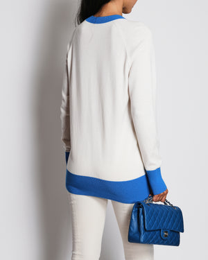 Chanel 19/S Ivory V-Neck CHANEL Logo Jumper with Blue Piping Detail Size FR 34 (UK 6)
