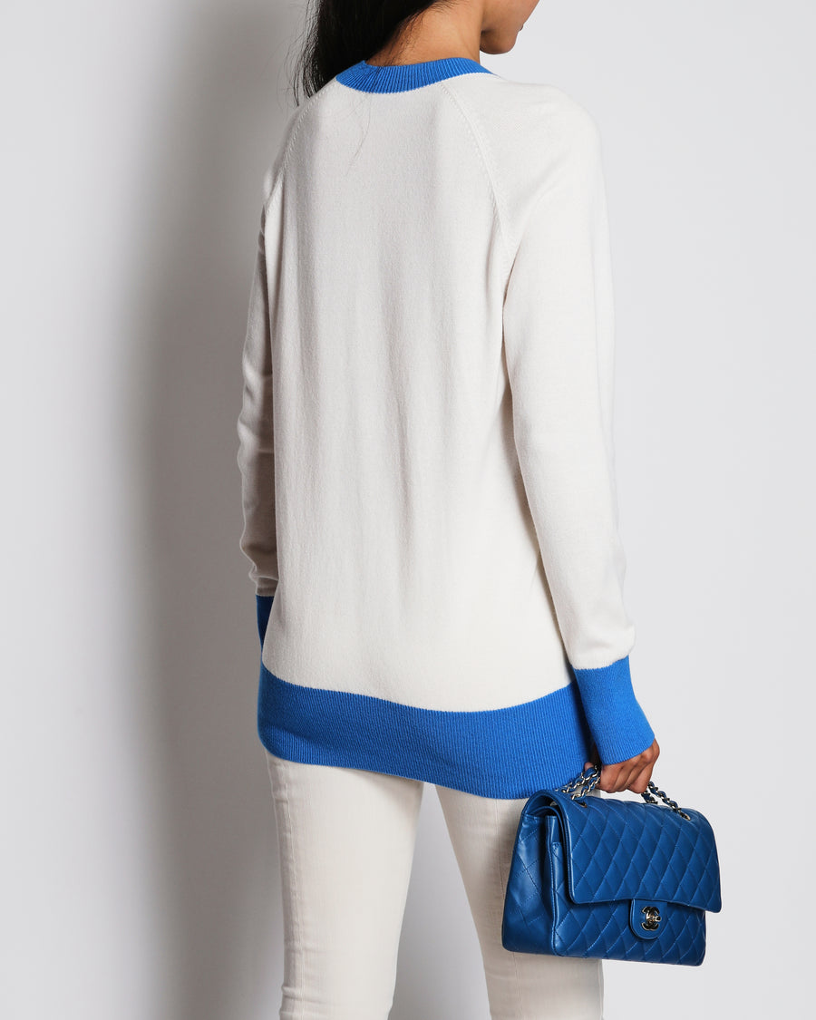 Chanel 19/S Ivory V-Neck CHANEL Logo Jumper with Blue Piping Detail Size FR 34 (UK 6)