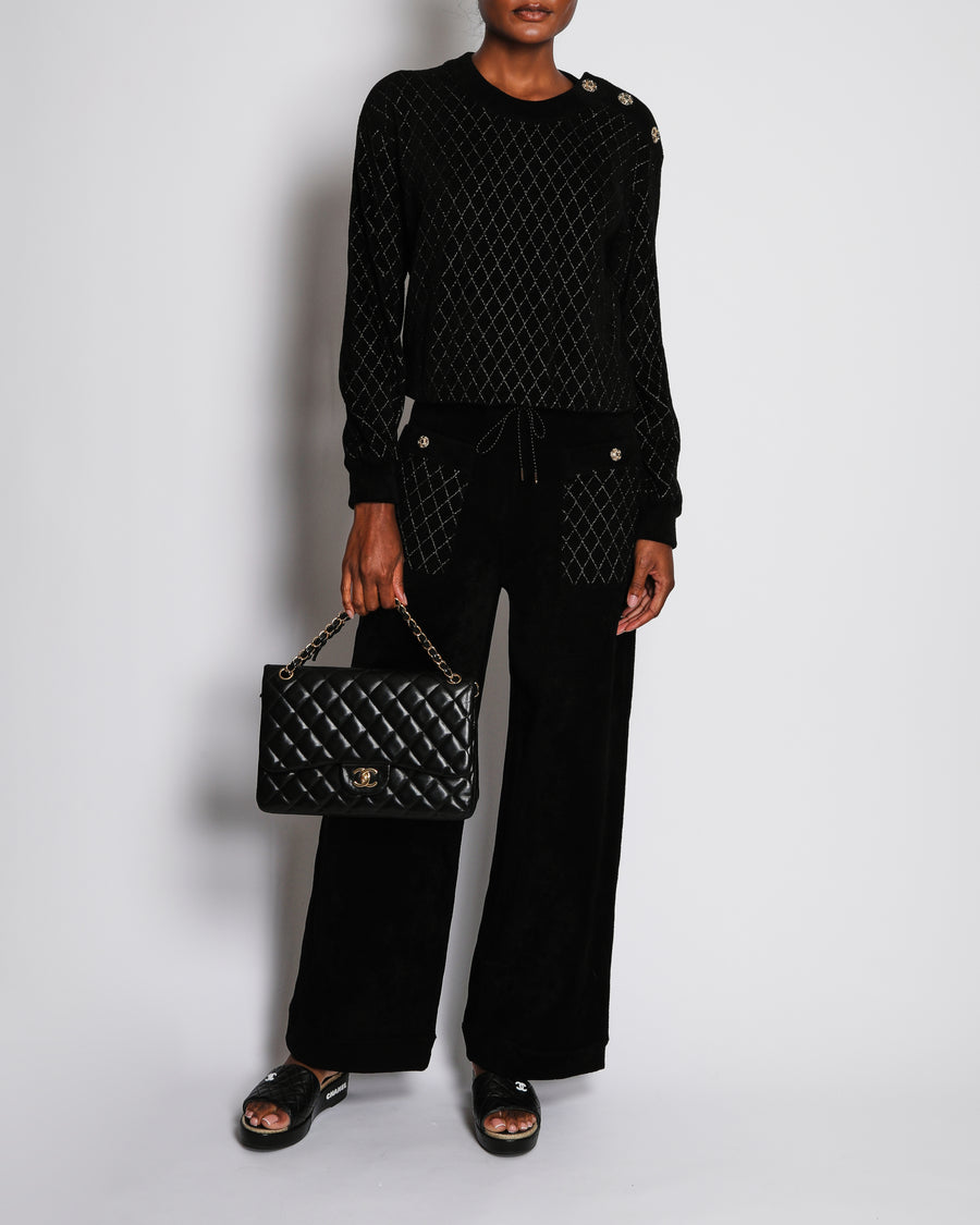 Chanel 23/A Black Wide-Leg Trousers with Quilted Pocket and CC Embellished Button Detail Size FR 38 (UK 10)