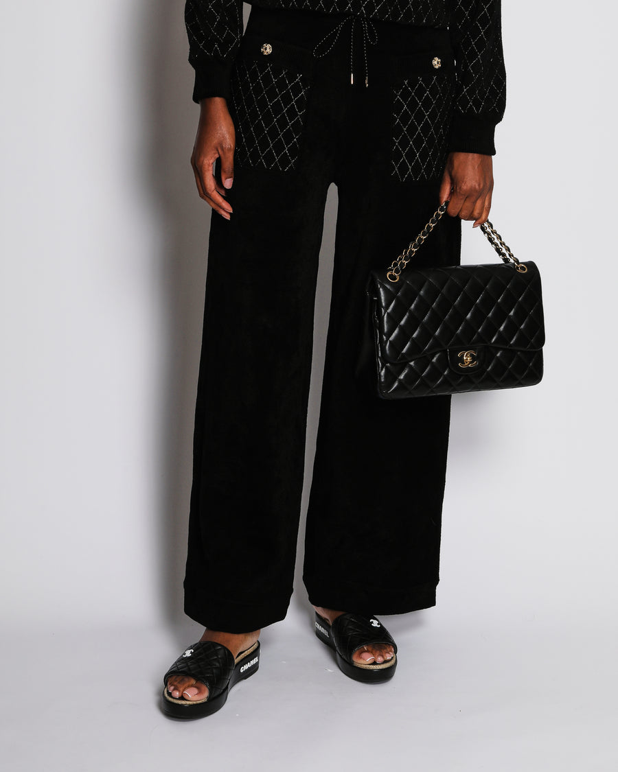 Chanel 23/A Black Wide-Leg Trousers with Quilted Pocket and CC Embellished Button Detail Size FR 38 (UK 10)