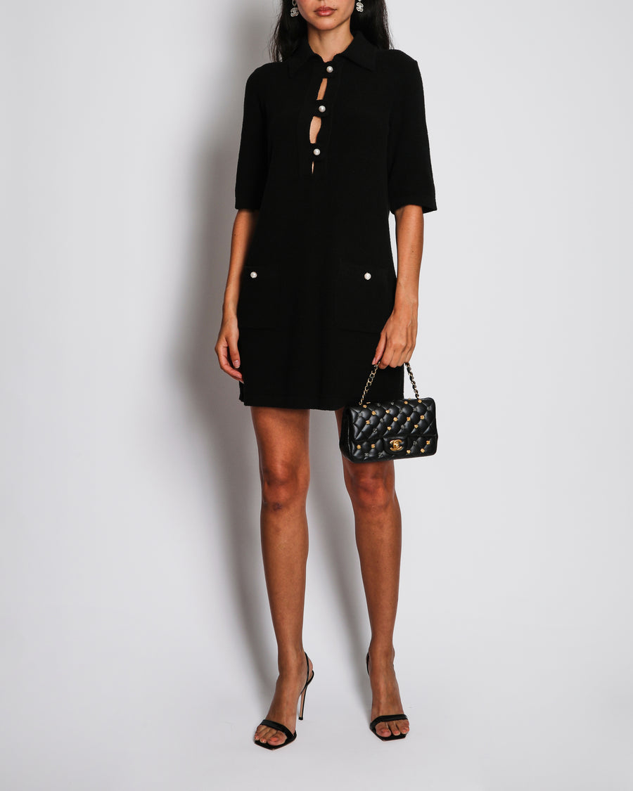 Chanel 23/P Black Short Sleeve Midi Dress with Pearl CC Pocket Detail Size FR 36 (UK 8)