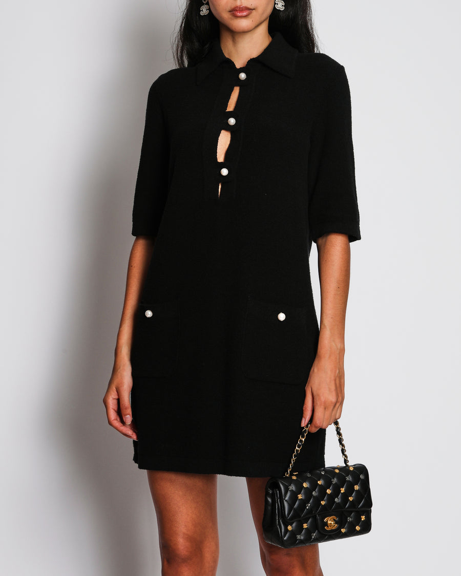 Chanel 23/P Black Short Sleeve Midi Dress with Pearl CC Pocket Detail Size FR 36 (UK 8)
