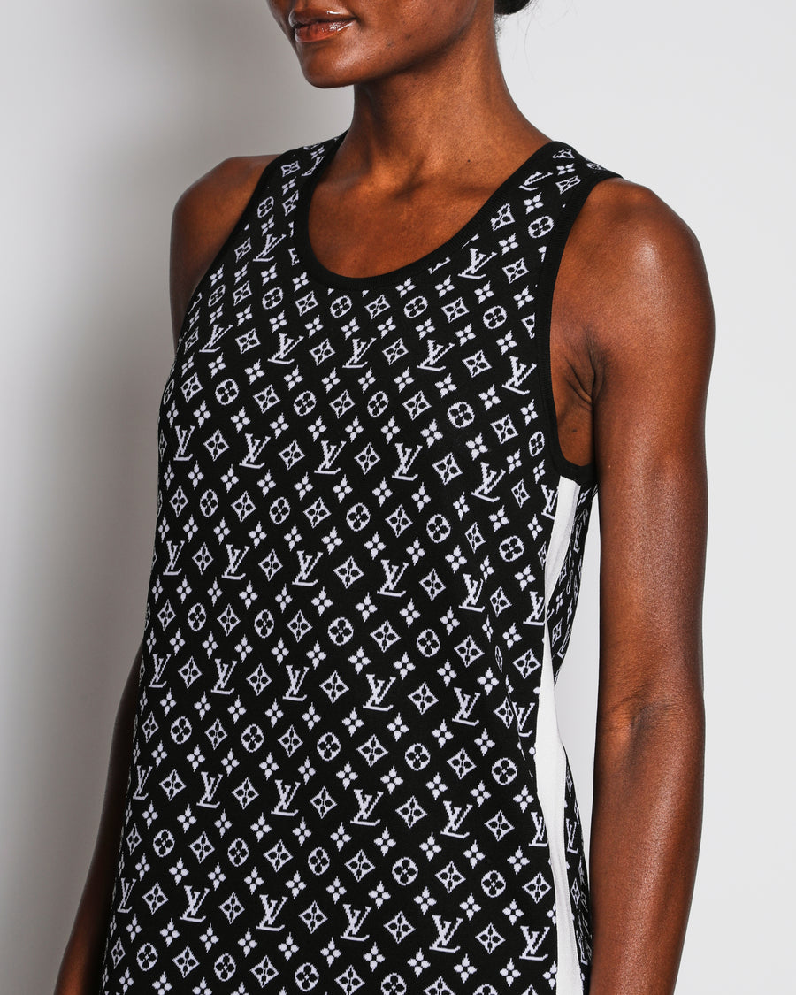 Louis Vuitton SS/22 Black Sleeveless Monogram Maxi Dress with Fuchsia Stripe Detail Size FR 38 (UK 10)