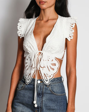 Farm Rio White Broderie Anglaise Butterfly Crop Top with Front Tie Detail Size XS (UK 6)