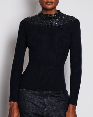 Christian Dior Navy Knitted Cashmere Jumper with Sequin Trim Detail Size FR 38 (UK 10)