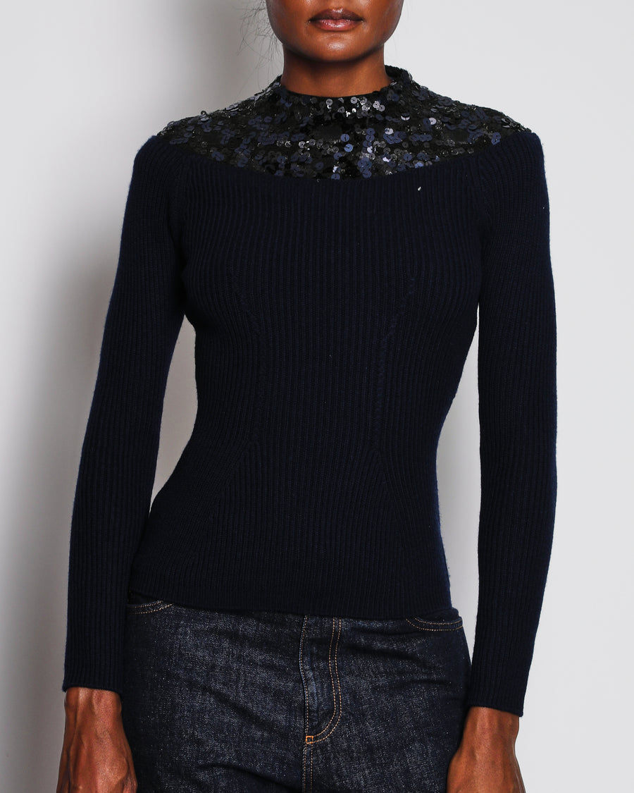 Christian Dior Navy Knitted Cashmere Jumper with Sequin Trim Detail Size FR 38 (UK 10)