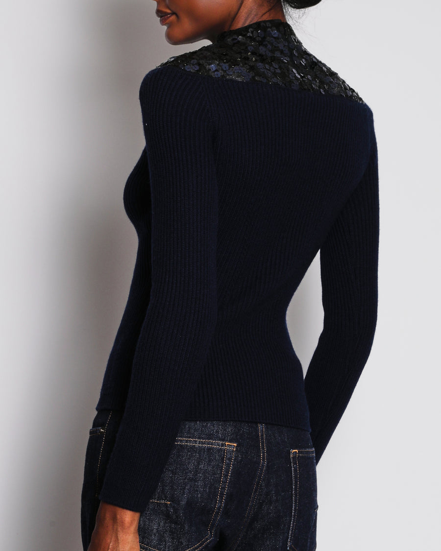 Christian Dior Navy Knitted Cashmere Jumper with Sequin Trim Detail Size FR 38 (UK 10)